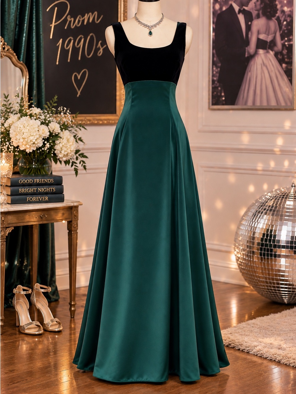 Vintage 90s Michaelangelo Dark Emerald Green Velvet & Satin Gown